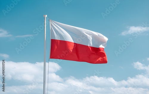 Sunset view of a Poland flag fluttering in the air Close-up portrait. Poland Independence Day photo-realistic