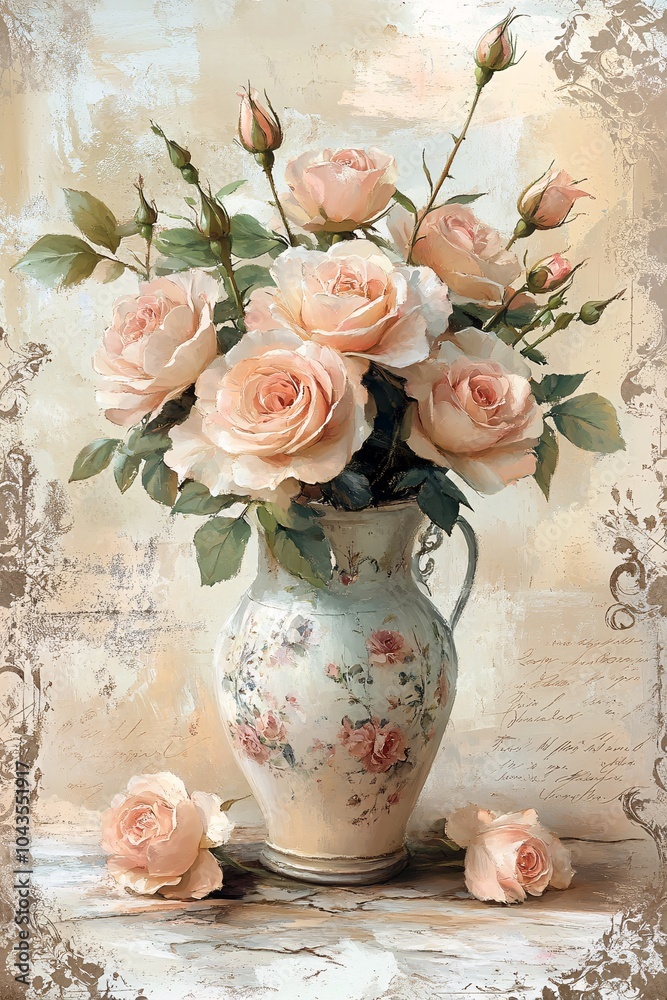 Obraz premium Beautiful floral arrangement of delicate pink roses in an elegant vase capturing the essence of nature's beauty and serenity