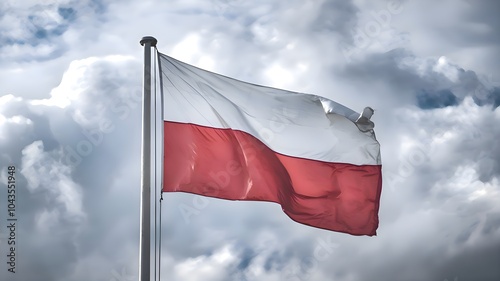 Poland flag fluttering in the air on a cloudy sky background Close-up portrait. Poland Independence Day photo-realistic