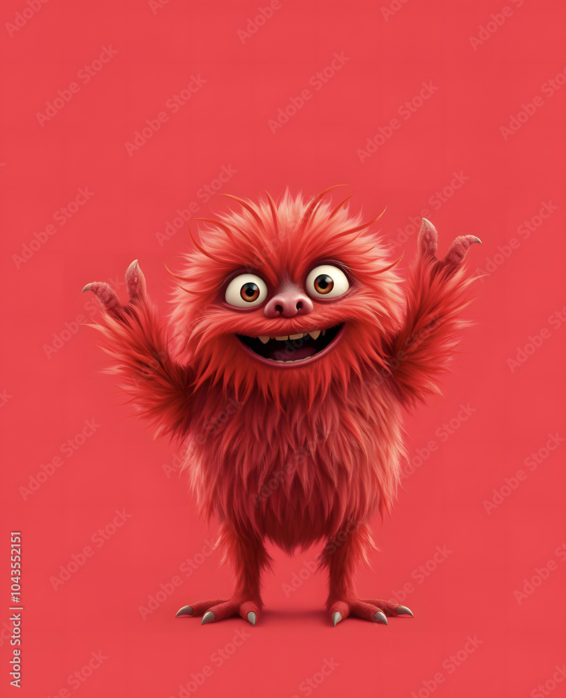 Fototapeta premium Funny fluffy red monster isolated on bright pure red background. Happy and fluffy little monster. Adorable yeti. Halloween character.