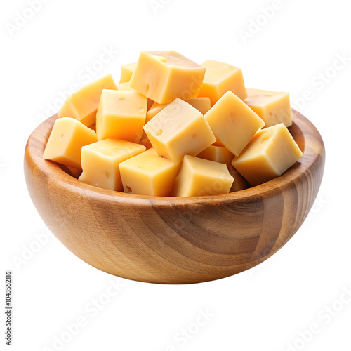 Cheese dices in wood Bowl isolated on a transparent background