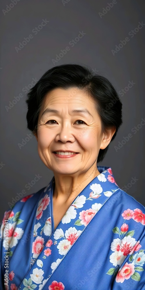 青い花柄の着物を着た黒髪ショートの笑顔のアジア人女性、灰色の背景、クローズアップ 青い花柄の着物を着た黒髪ショートの笑顔のアジア人女性、灰色の背景、クローズアップ