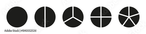 Circle division on 1, 2, 3, 4, 5 equal parts. Infographic minimalist set. Coaching blank. Pie, pizza chart template. Wheel round divided diagrams with one, two, three, four, five segments. 