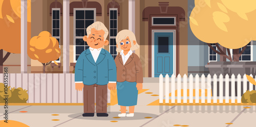 European elderly couple breathe fresh air in front yard. Happy senior life flat vector illustration