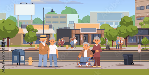 Diverse seniors are walking on city sidewalks. Older people spend time outdoors flat vector illustration