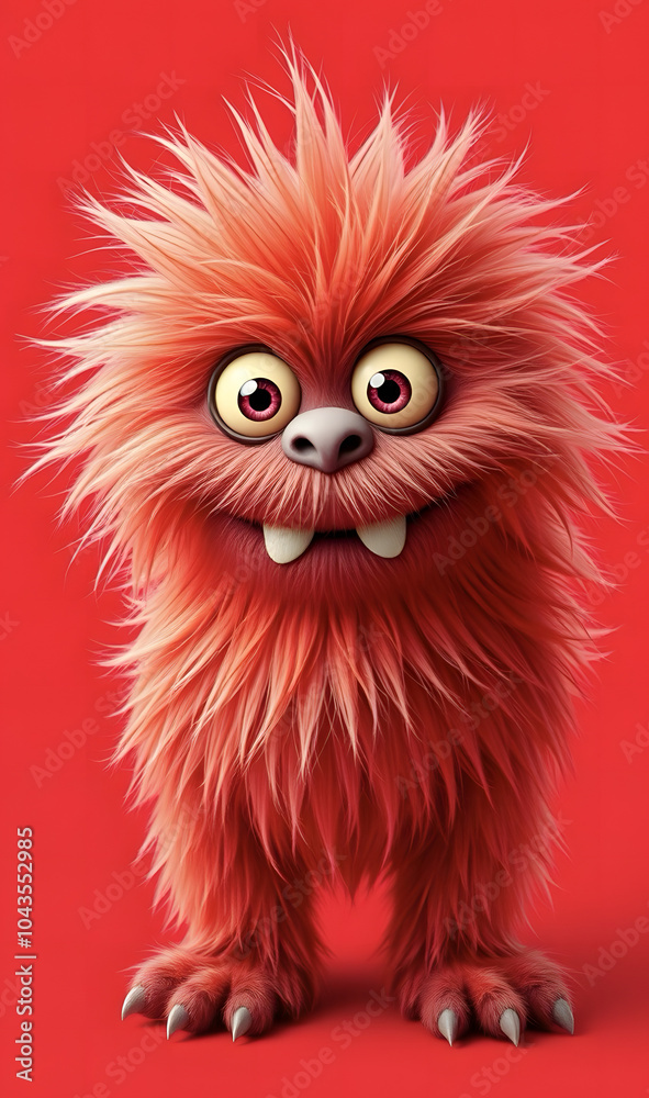 Obraz premium Funny fluffy red monster isolated on bright pure red background. Happy and fluffy little monster. Adorable yeti. Halloween character.