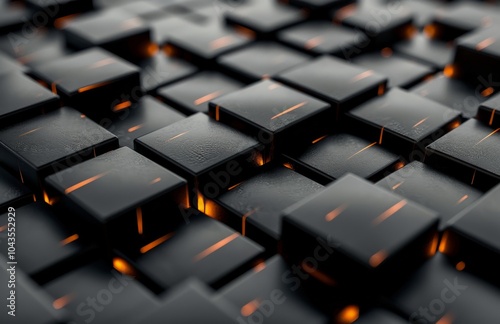 Abstract Black Cubes With Glowing Orange Lines