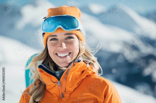 Woman Smiling in Ski Gear on Snowy Mountain