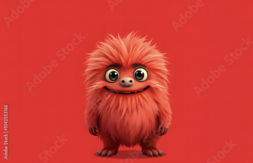 Funny fluffy red monster isolated on bright pure red background. Happy and fluffy little monster. Adorable yeti. Halloween character.