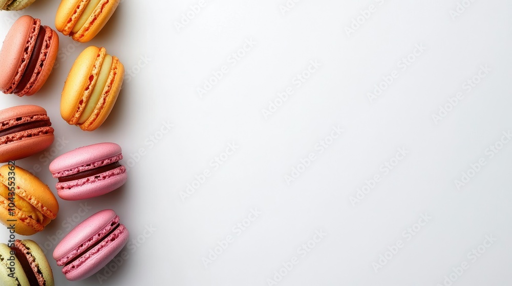 Colorful Macarons Arranged in a Neat Row on White Background Colorful Macarons Arranged in a Neat Row on White Background