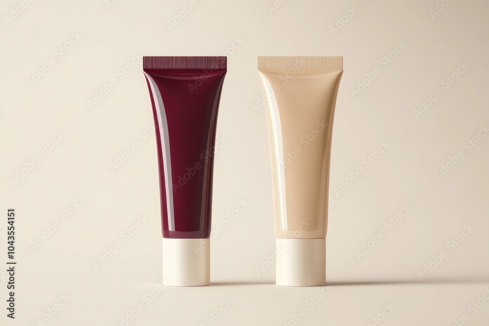 Two package beauty cosmetic tubes, burgundy cream beige isolated mockup template Two package beauty cosmetic tubes, burgundy cream beige isolated mockup template