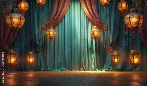Ornate Golden Lanterns Hanging in Front of Teal Curtains