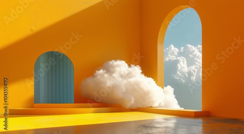 Yellow Archway With Cloud Floating Through in Minimalist Scene