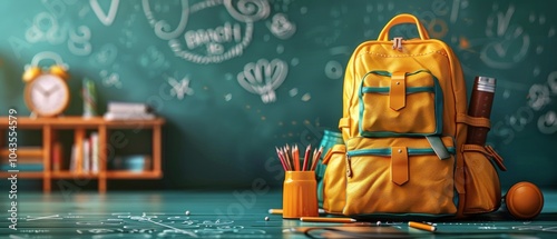 Yellow Backpack and School Supplies on a Green Chalkboard