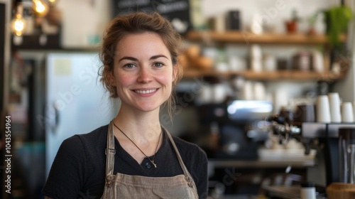 woman waitress at a cafe SMILING AT THE CAMERA