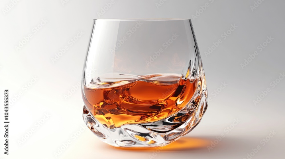 Luxurious Amber Whiskey Glass on Fine Table. Single Malt Scotch with Ice and Lemon Twist