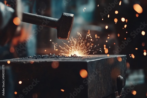 Anvil: Blacksmith Forging Molten Metal with Hammer in Smithy Workshop photo