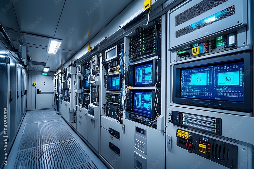 A high-tech server room filled with equipment and monitors for data processing and management. A high-tech server room filled with equipment and monitors for data processing and management.