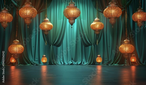 Ornate Golden Lanterns Hanging in Front of Teal Curtains