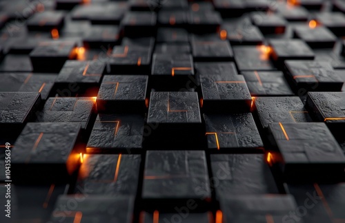 Abstract Black Cubes With Glowing Orange Lines