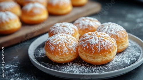 German Berliner, Krapfen, donut, doughnut served on plate. Traditional German doughnut with powdered sugar on top.