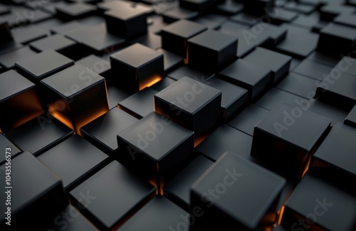 Abstract Black Cubes With Glowing Orange Lines
