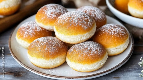 German Berliner, Krapfen, donut, doughnut served on plate. Traditional German doughnut with powdered sugar on top.