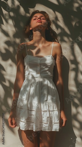 Woman in White Dress by Building