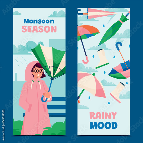 Hand drawn flat monsoon season banner set
