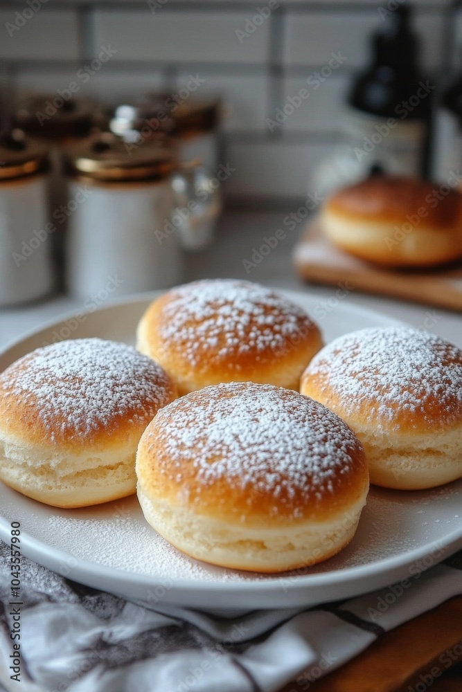 German Berliner, Krapfen, donut, doughnut served on plate. Traditional German doughnut with powdered sugar on top. German Berliner, Krapfen, donut, doughnut served on plate. Traditional German doughnut with powdered sugar on top.