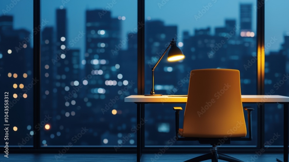 Fototapeta premium Exhausted Worker Concept Highlighting Overtime Stress.A serene night view from an office with a desk lamp and a chair overlooking a city skyline illuminated by city lights
