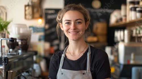 woman waitress at a cafe SMILING AT THE CAMERA