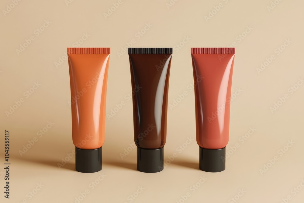 Three peach, nude, pink, sand, brown color cosmetic tube package mockup template Three peach, nude, pink, sand, brown color cosmetic tube package mockup template