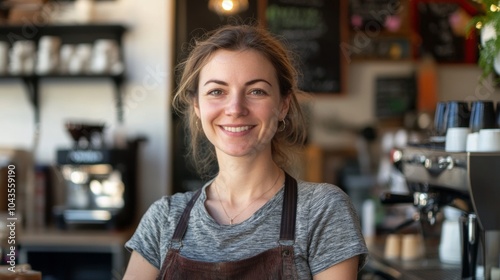woman waitress at a cafe SMILING AT THE CAMERA