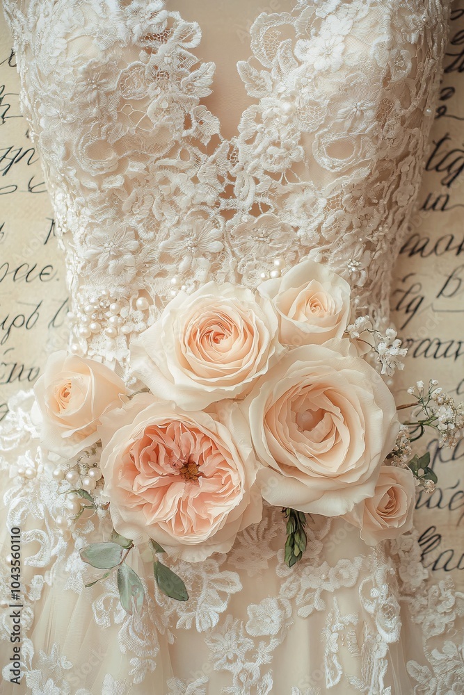 Elegant bridal gown adorned with soft peach roses and delicate lace details for a romantic wedding celebration Elegant bridal gown adorned with soft peach roses and delicate lace details for a romantic wedding celebration