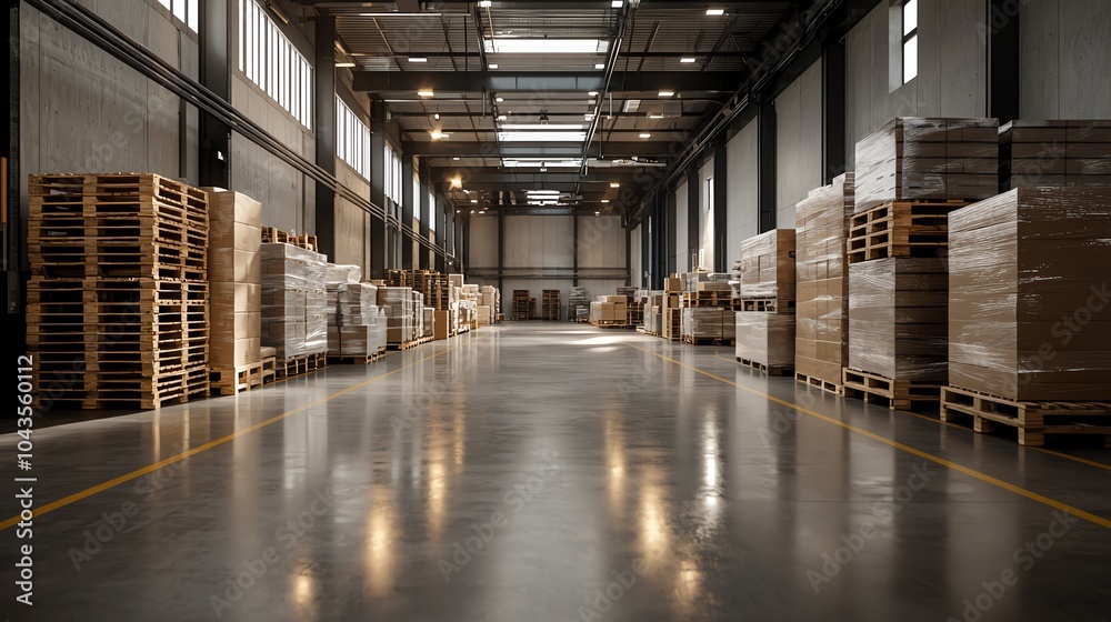 Modern warehouse interior, stacked pallets, efficient layout, clean and organized Modern warehouse interior, stacked pallets, efficient layout, clean and organized