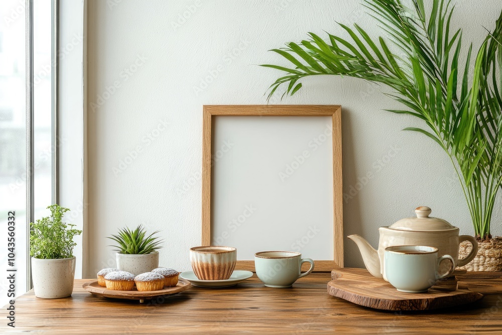 Rustic Breakfast Setting with Tea Cups and Desserts on Wooden Table in Cozy Kitchen Rustic Breakfast Setting with Tea Cups and Desserts on Wooden Table in Cozy Kitchen
