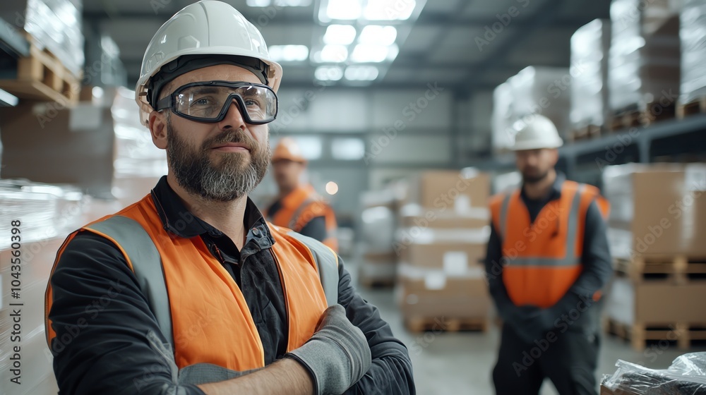 Team of workers in safety gear, coordinating tasks, organized warehouse operations Team of workers in safety gear, coordinating tasks, organized warehouse operations