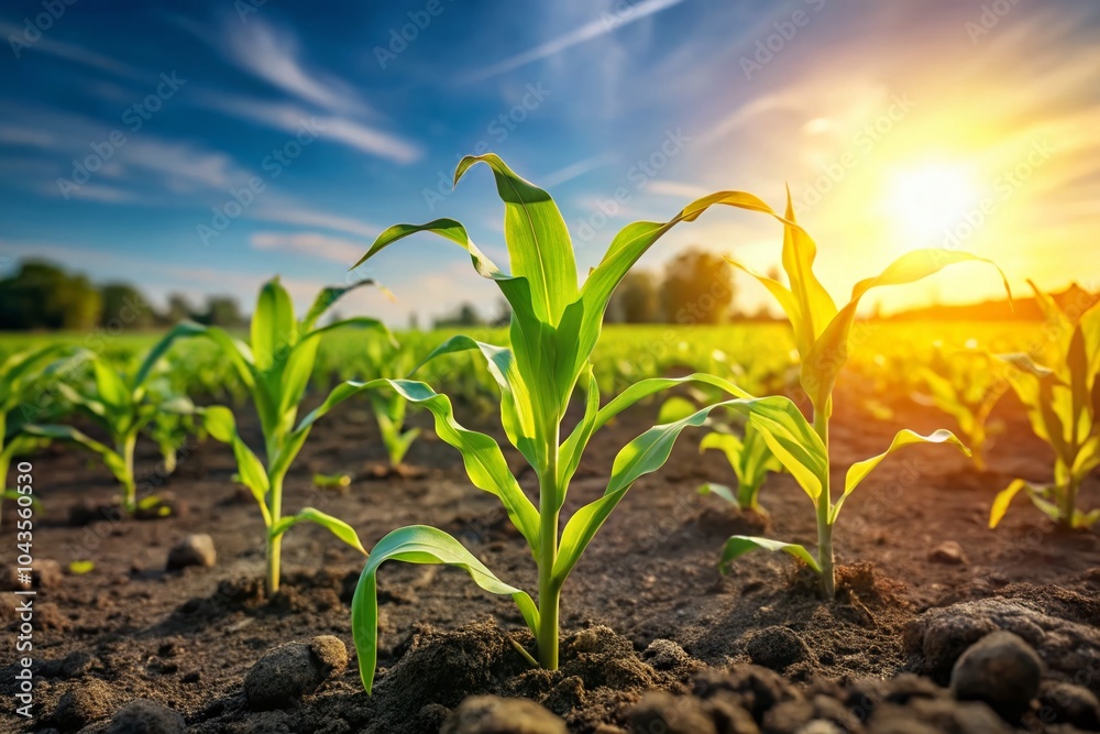 Close-up of Young Corn Seedlings in a Green Field Under Sunny Sky - Agriculture and Crop Inspection Close-up of Young Corn Seedlings in a Green Field Under Sunny Sky - Agriculture and Crop Inspection