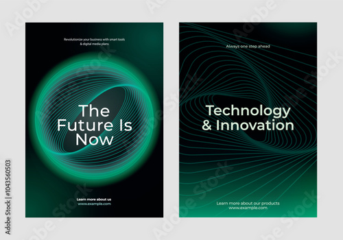 Futuristic design with technology. Features abstract green swirls. Emphasizes innovation and future. Ideal for tech and innovation promotions. Environmental technology, green poster template vector.