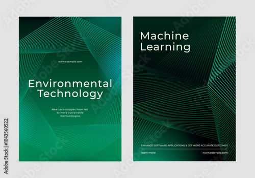 Green technology and machine learning posters. Environmental technology and machine learnings. Green lines and text highlight technology focus. Environmental technology, green poster template vector.