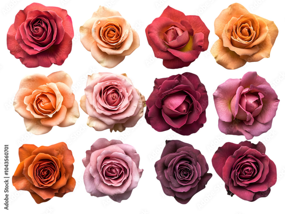 Fototapeta premium A colorful assortment of twelve roses showcasing a variety of vibrant hues and intricate petal details.