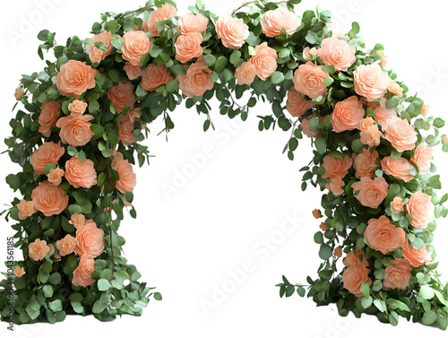 Romantic floral arch adorned with vibrant peach roses and lush greenery. photo