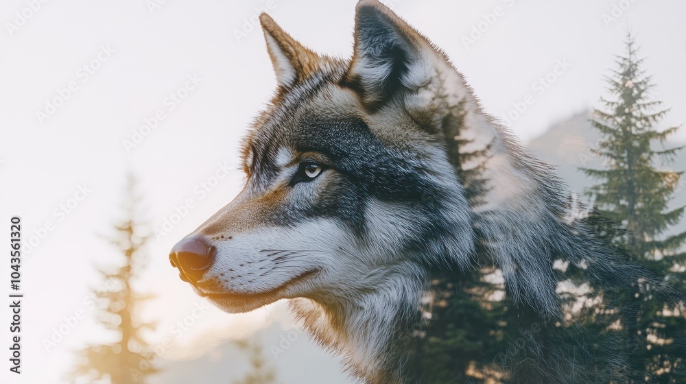 Obraz premium A wolf's head is superimposed over a mountain landscape with a hazy sunrise.