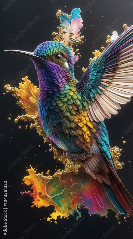 Obraz premium A 3D render of hyper-realistic alcohol ink artwork of a mysterious hummingbird.
