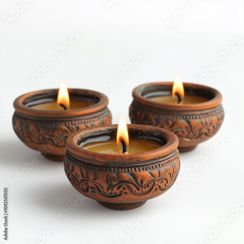 Traditional Diwali Diyas: Illuminating Lights on a Minimalist White Background