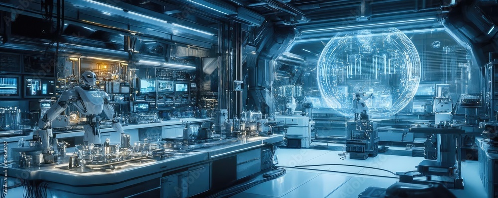 Fototapeta premium A futuristic science lab, with floating holographic displays and robotic assistants