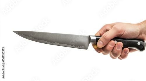 Aggressive Act: Hand Holding Large Knife in Isolated White Background