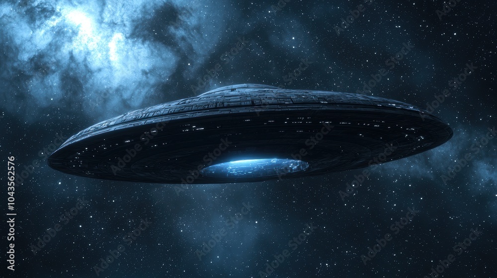 Obraz premium A detailed depiction of a futuristic UFO hovering in a starry sky, surrounded by cosmic clouds and a vibrant glow.