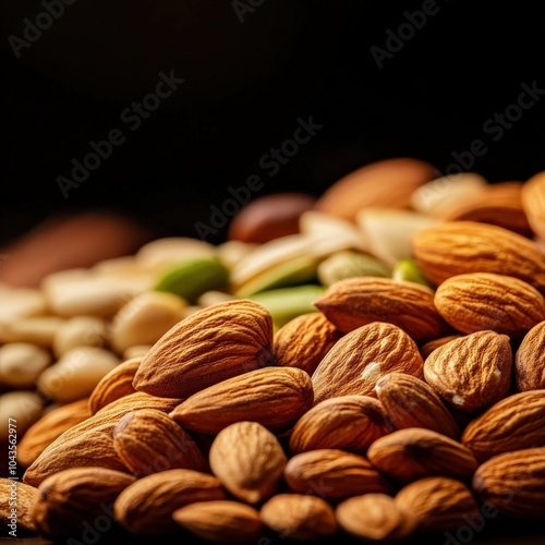 A healthy assortment of various nuts, showcasing their rich textures and natural colors against a dark background. photo